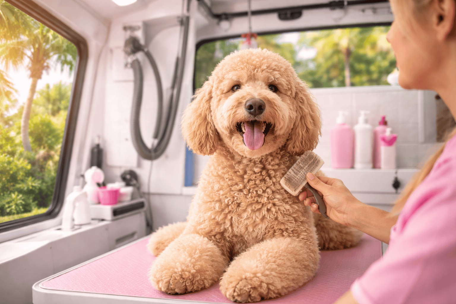 Dog enjoying a calm mobile grooming session in Miami