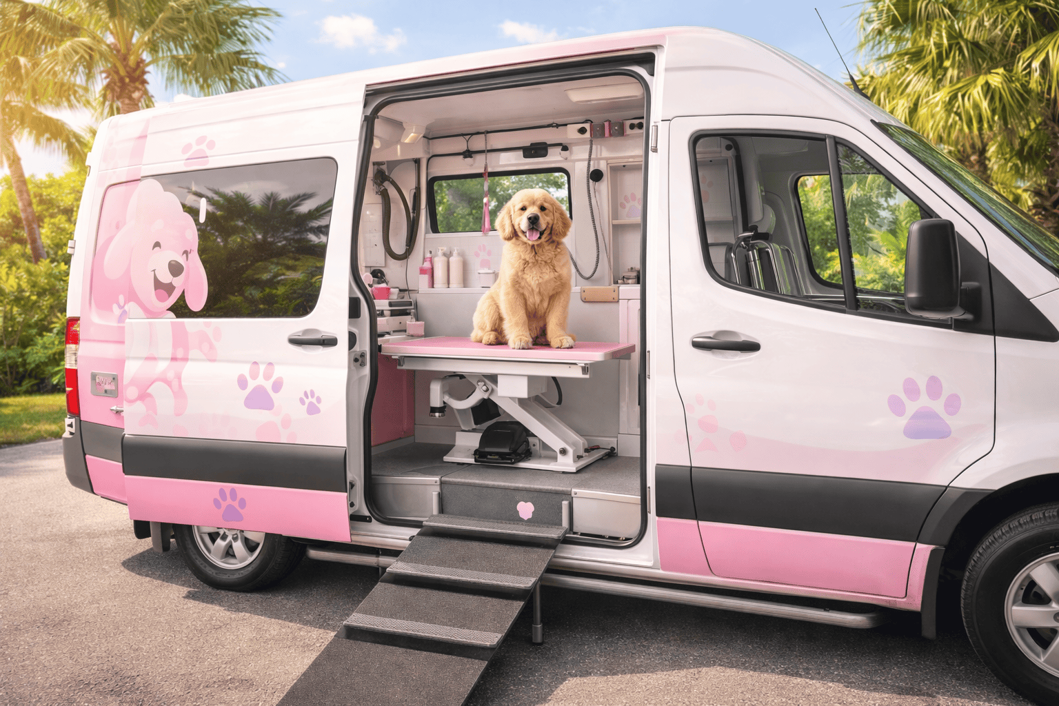 Specialized mobile van prepared for dog grooming in Miami